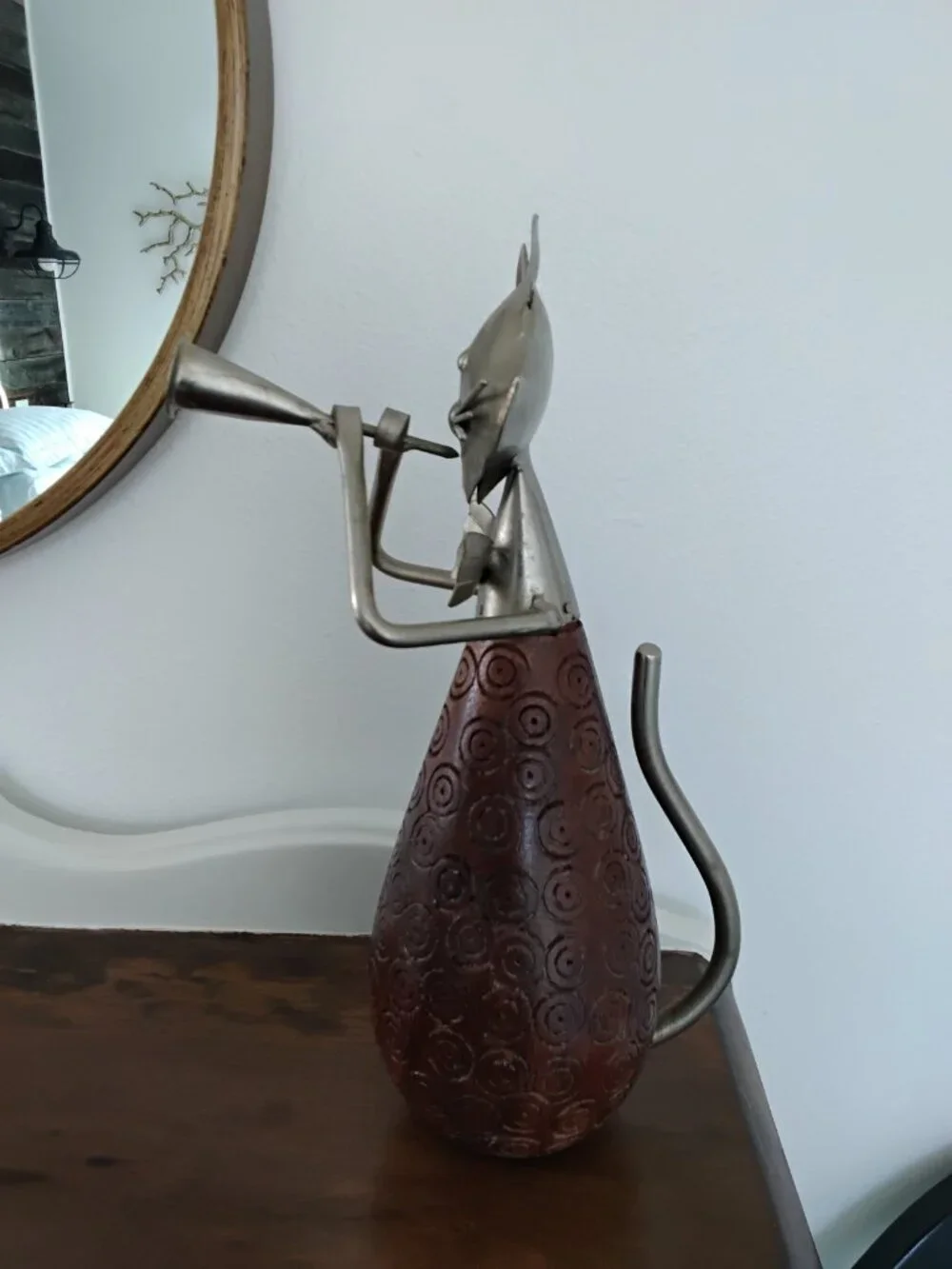 Pier 1 Wood And Metal Cat Figurine Playing Horn